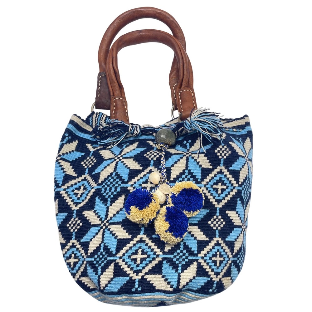 Handmade Wayuu Mochila‎ Woven Bucket Bag Artisan Boho Tassels Leather Handle